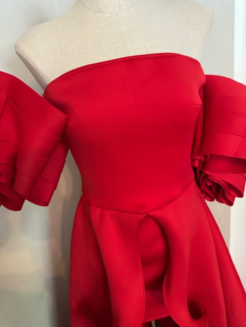 Off-Shoulder Red High-Low Ruffle Formal Dress - Picture 4 of 13